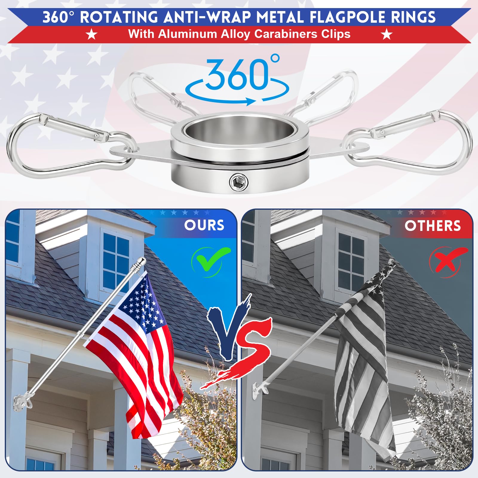 REERON adjustable screws on 1-inch flag pole rings fit 0.75–1.02 inch poles