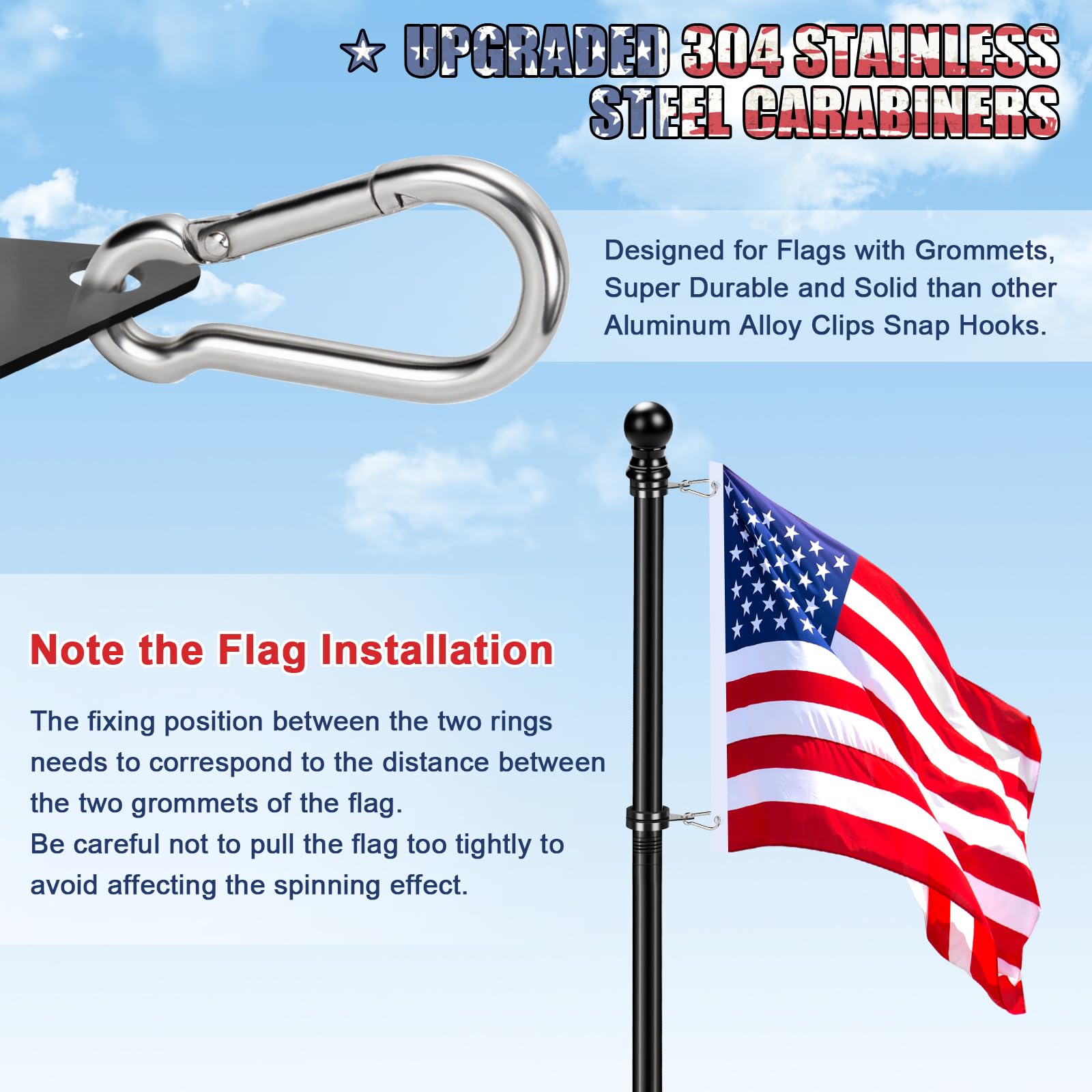 REERON tangle-free rotating rings improve flag display even in breeze.