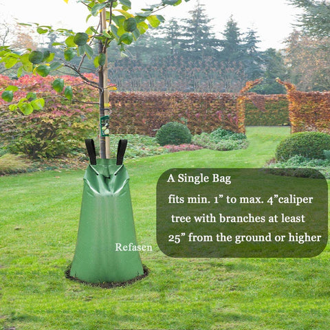 Refasen 20-gallon capacity bag ready to irrigate a tree