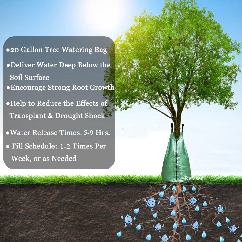 Refasen tree watering bag being zipped and secured around trunk