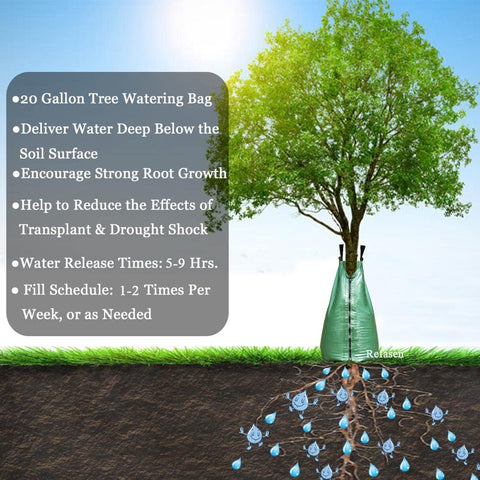 Refasen tree watering bag being zipped and secured around trunk