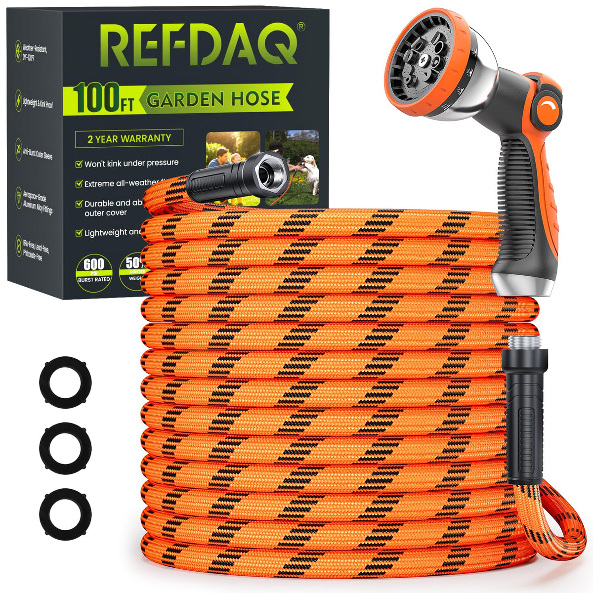 REFDAQ garden hose 100ft, coiled for easy storage and quick watering setup.