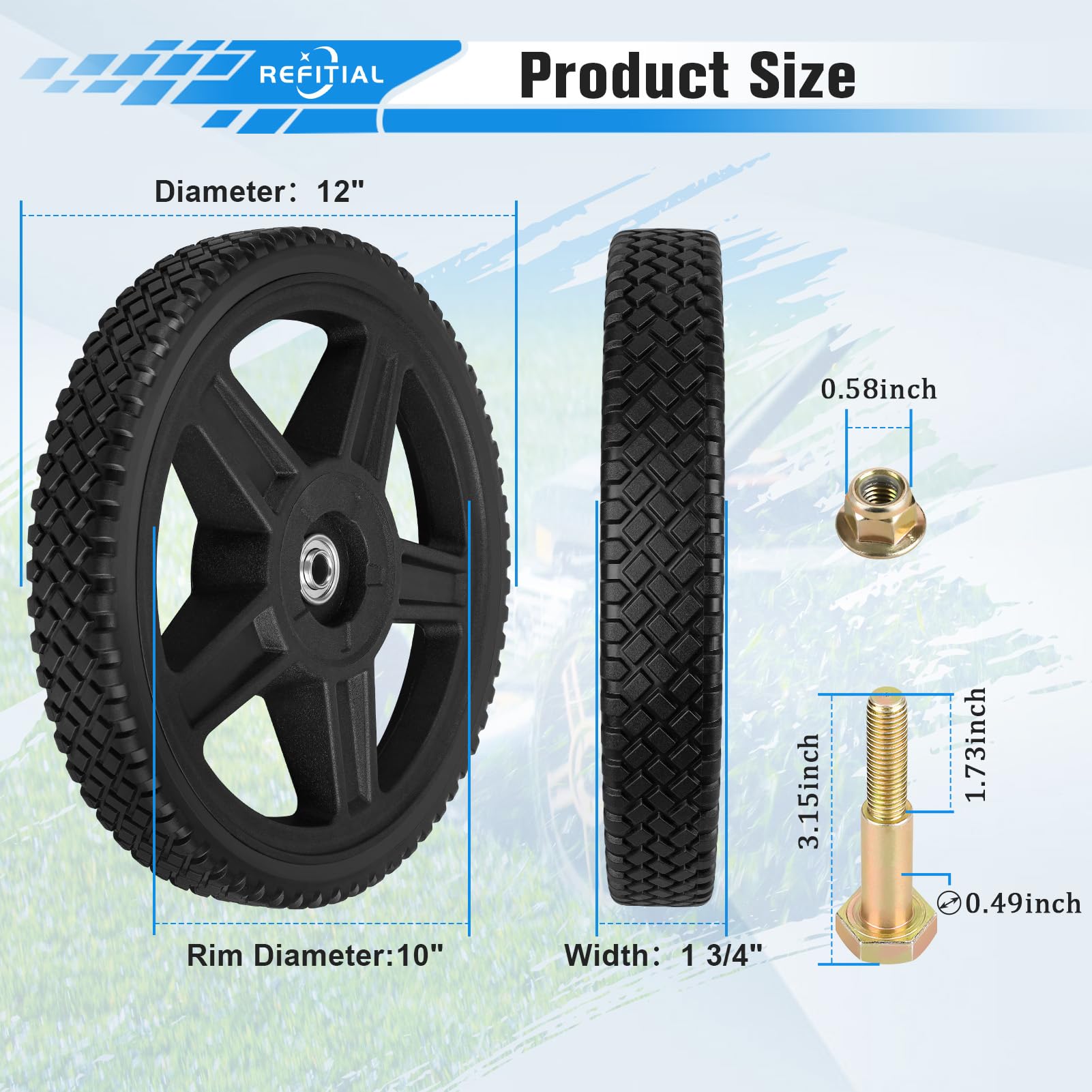 Refitial 12-in wheels bearing detail showing quiet, smooth rotation.