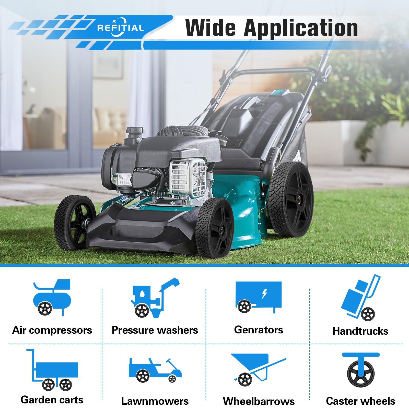 Refitial all-terrain rubber wheels delivering quiet, smooth rolling.