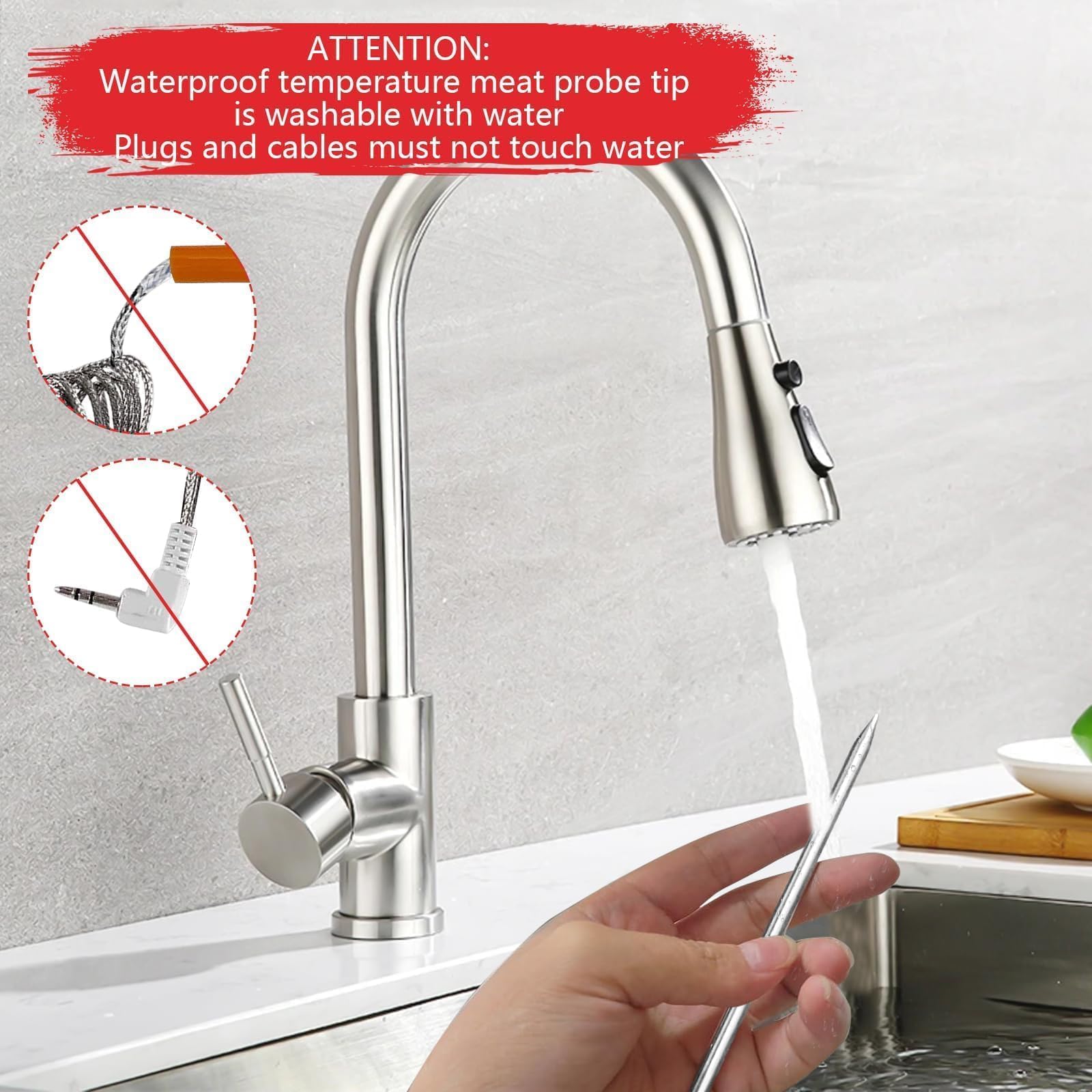 RefrigLink thermometer probe tip close-up shows heat-tolerant construction.