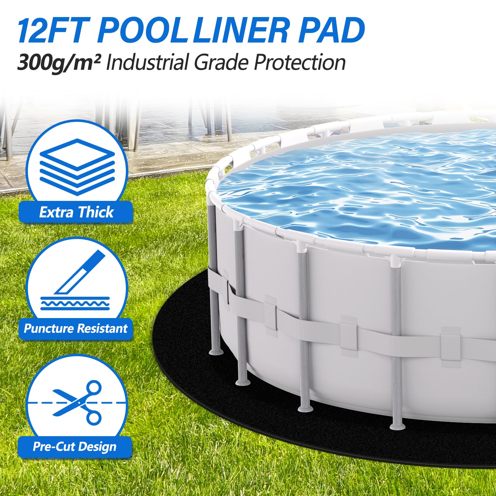 REGMICS heavy-duty pool mat on gravel ground cushions the liner.