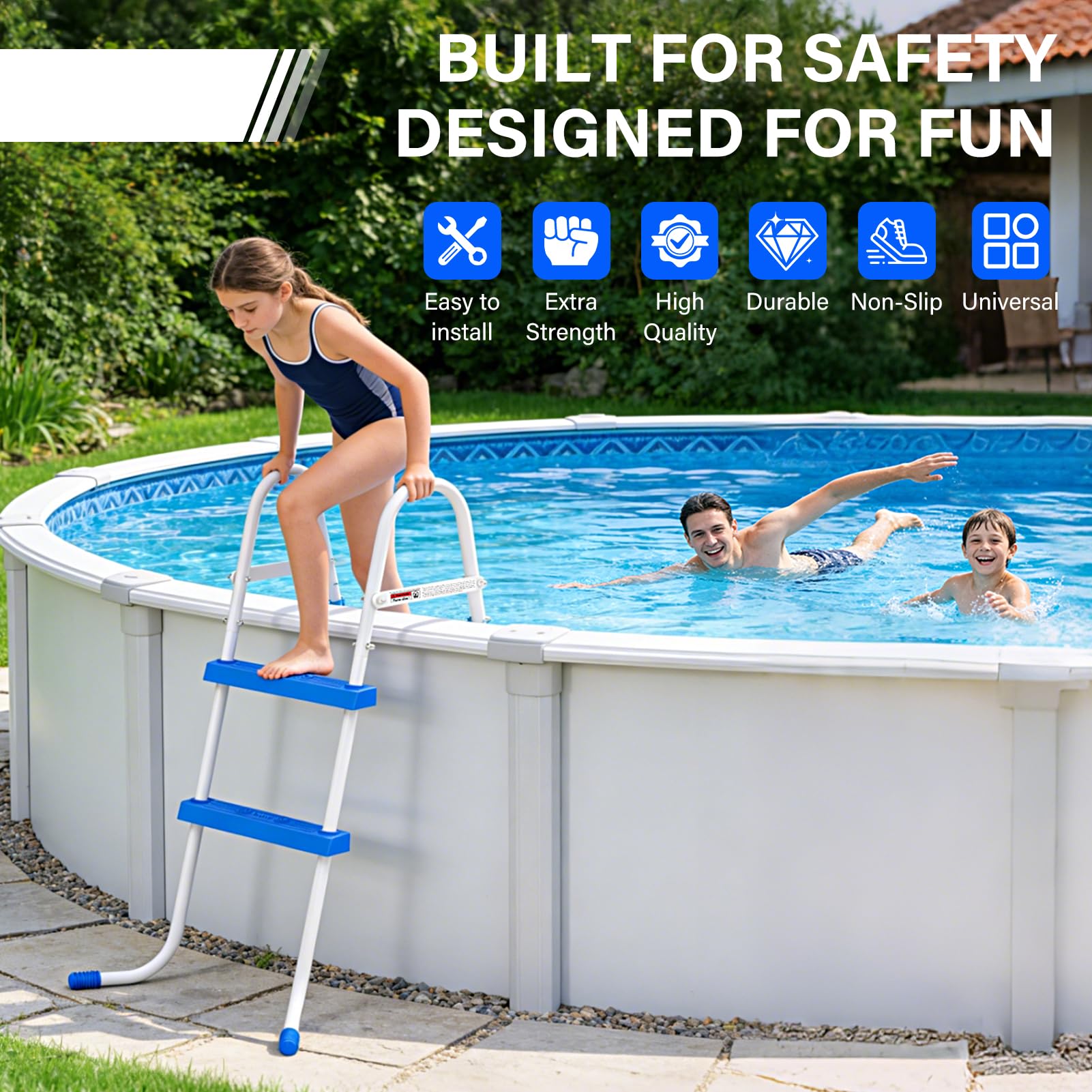 REGMICS 33-5-inch height ladder supports climbs for above-ground pools.