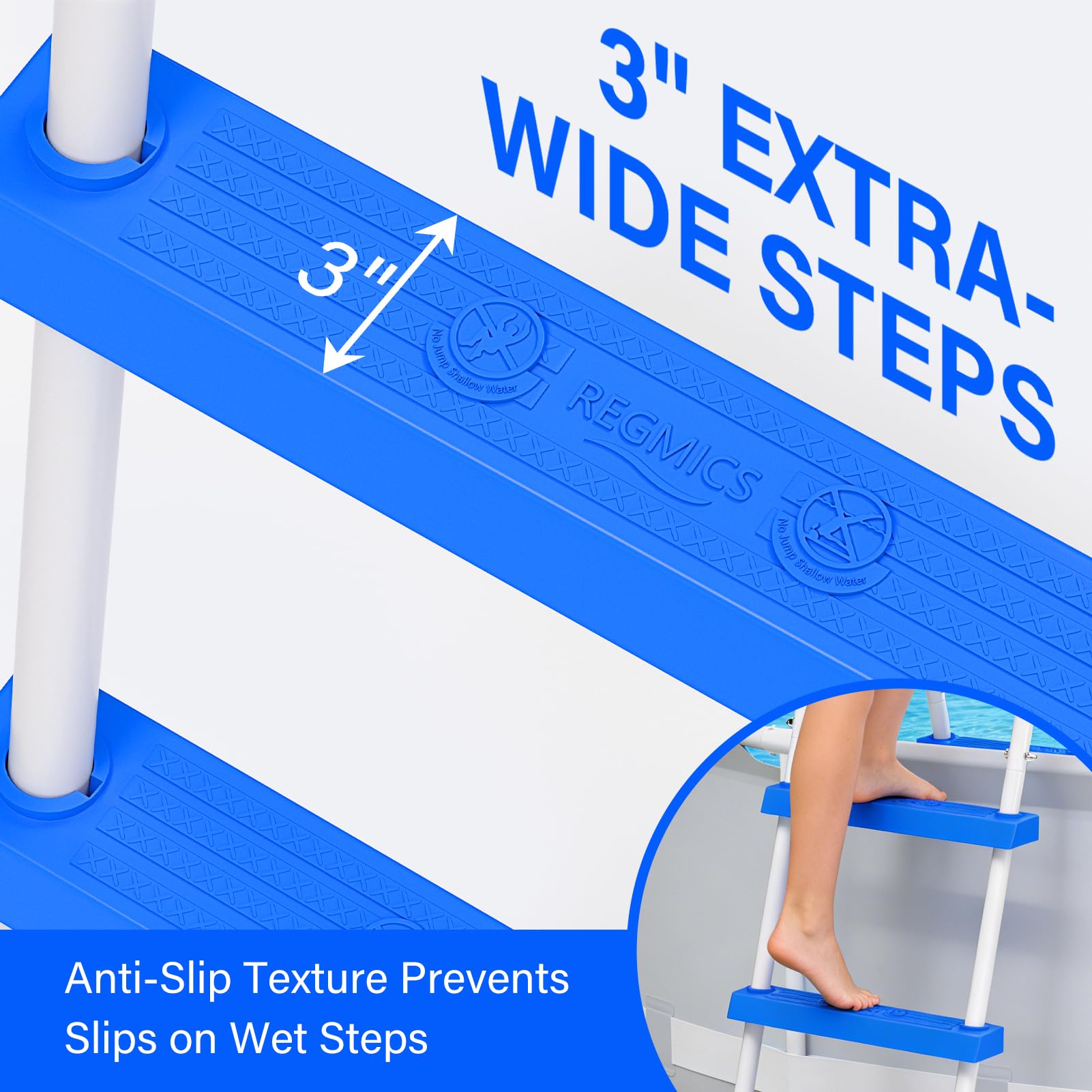 REGMICS anti-slip rubber feet prevent slips on pool surfaces.
