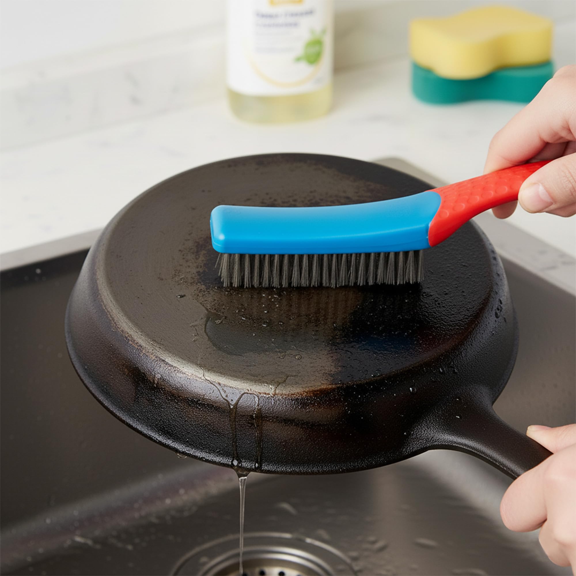 Regpre concrete cleaning brush removes paint and stains from surfaces.