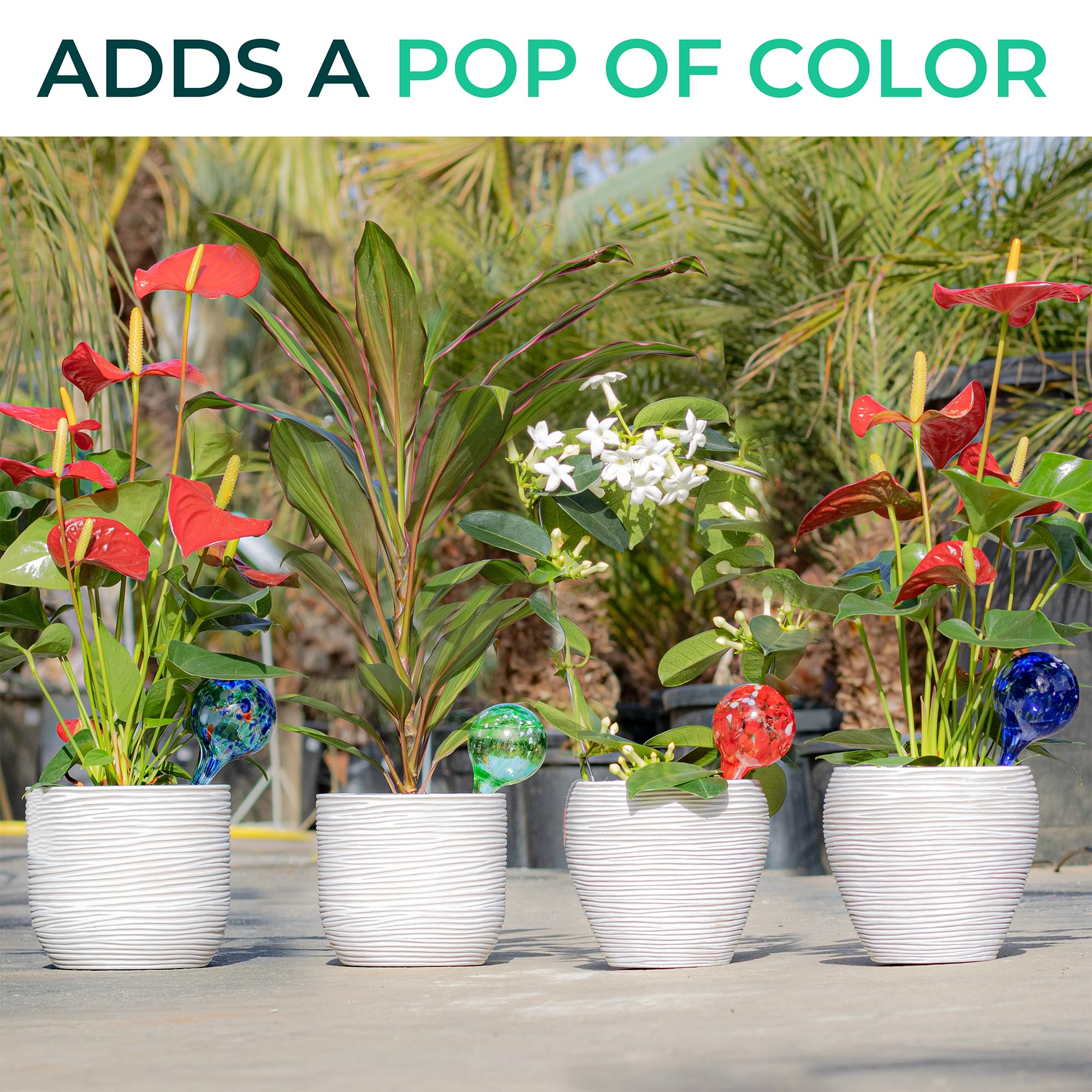 Reifier hand-blown aqua globes showcase vivid color while delivering steady moisture to soil.