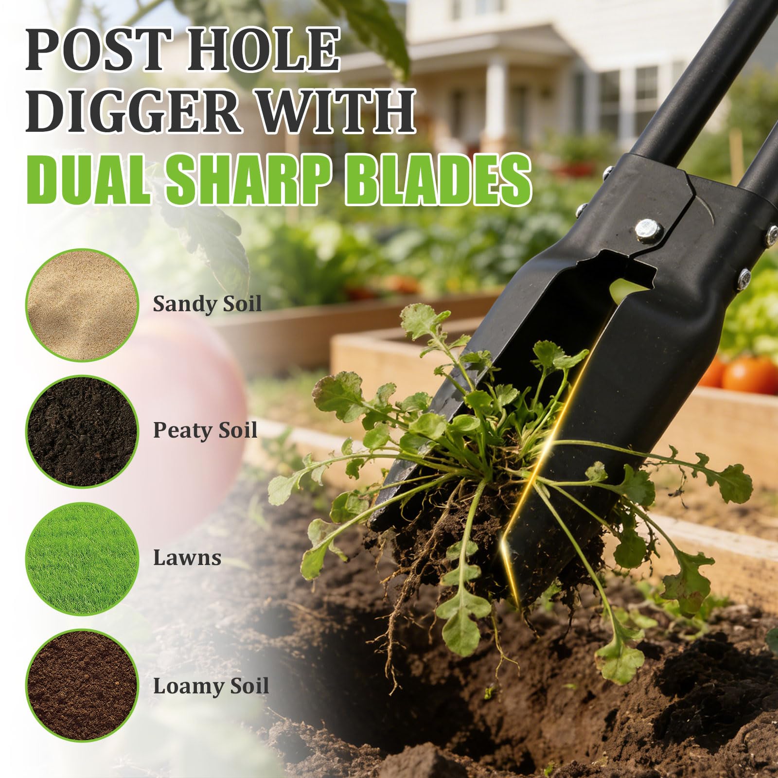 REILEIHODE Post Hole Digger shows dual sharp blades for clean, efficient soil cuts.