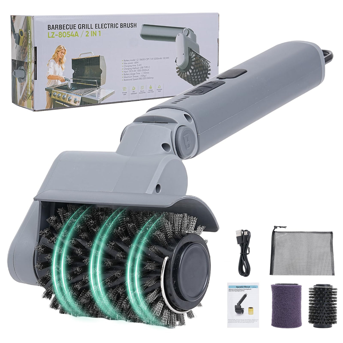 Reindeer Tools grill brush demonstrating the 3-angle head for easy control.