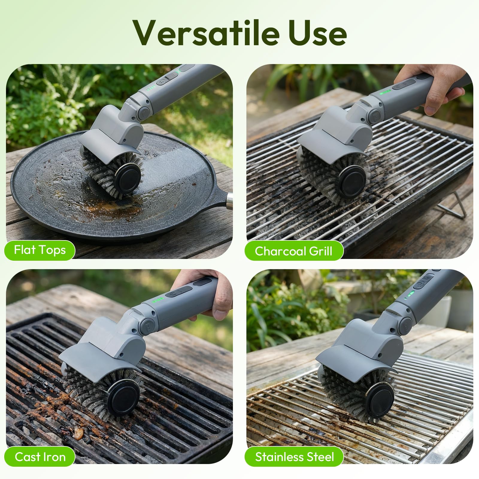 Reindeer Tools grill brush cleaning a hot grill safely after cooking.