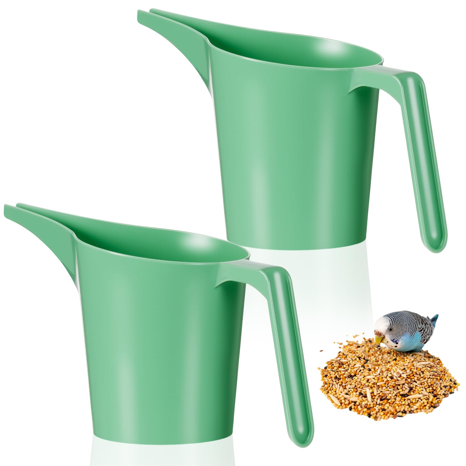 Relaxweex bird seed scoop in front view with two-piece design for easy feeding.