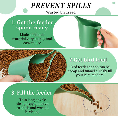 Relaxweex green seed scoop shown during pouring into a feeder.