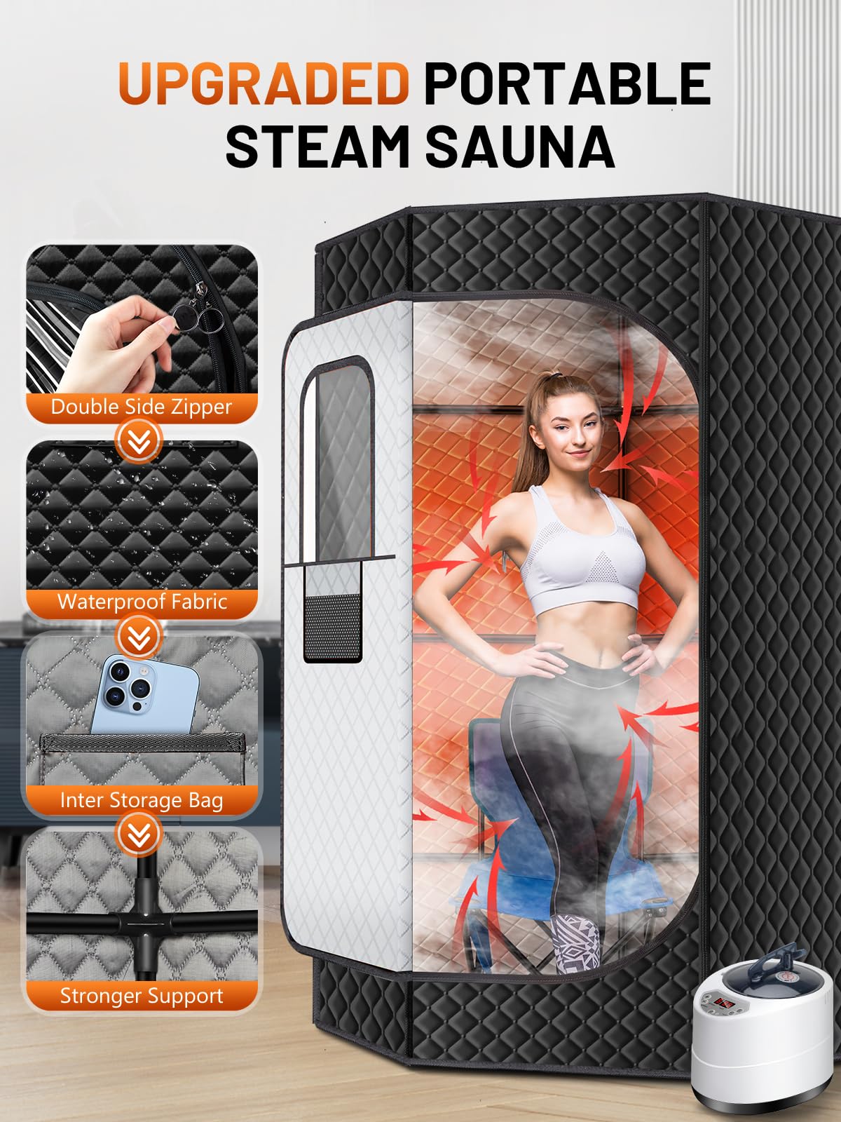 RELEXNOW portable sauna box zippered window illustrating easy fresh air breaks.