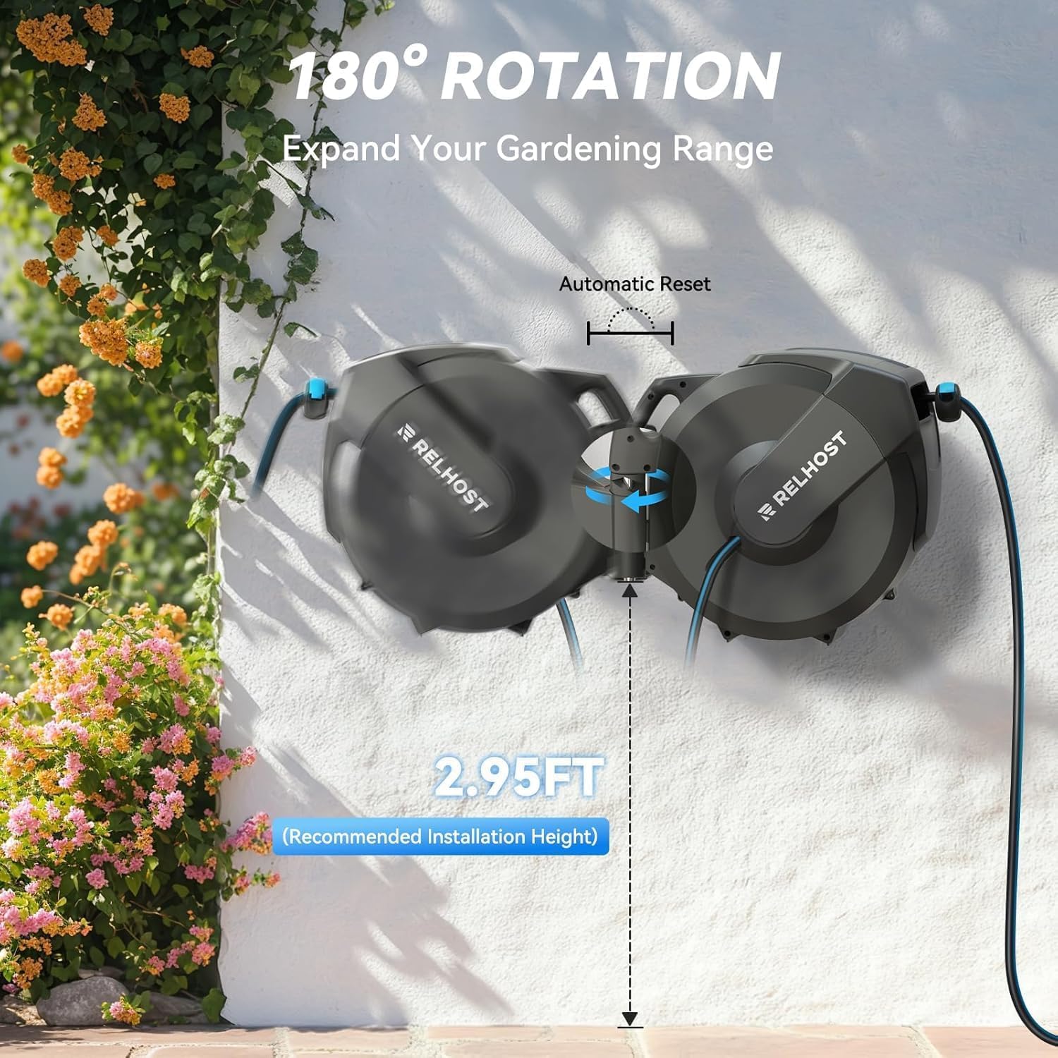 Relhost 180-degree swivel bracket enables flexible watering around obstacles.