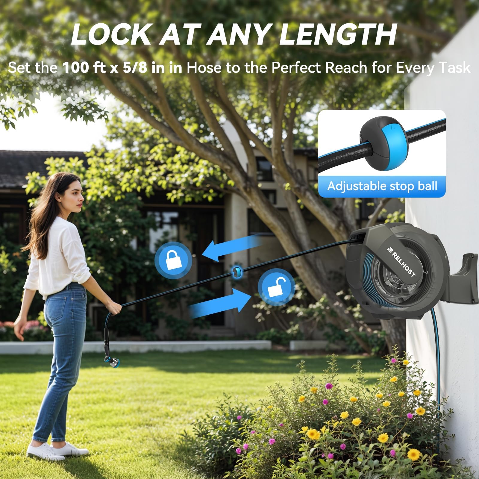 Relhost auto-rewind system keeps hoses neatly stored after use.