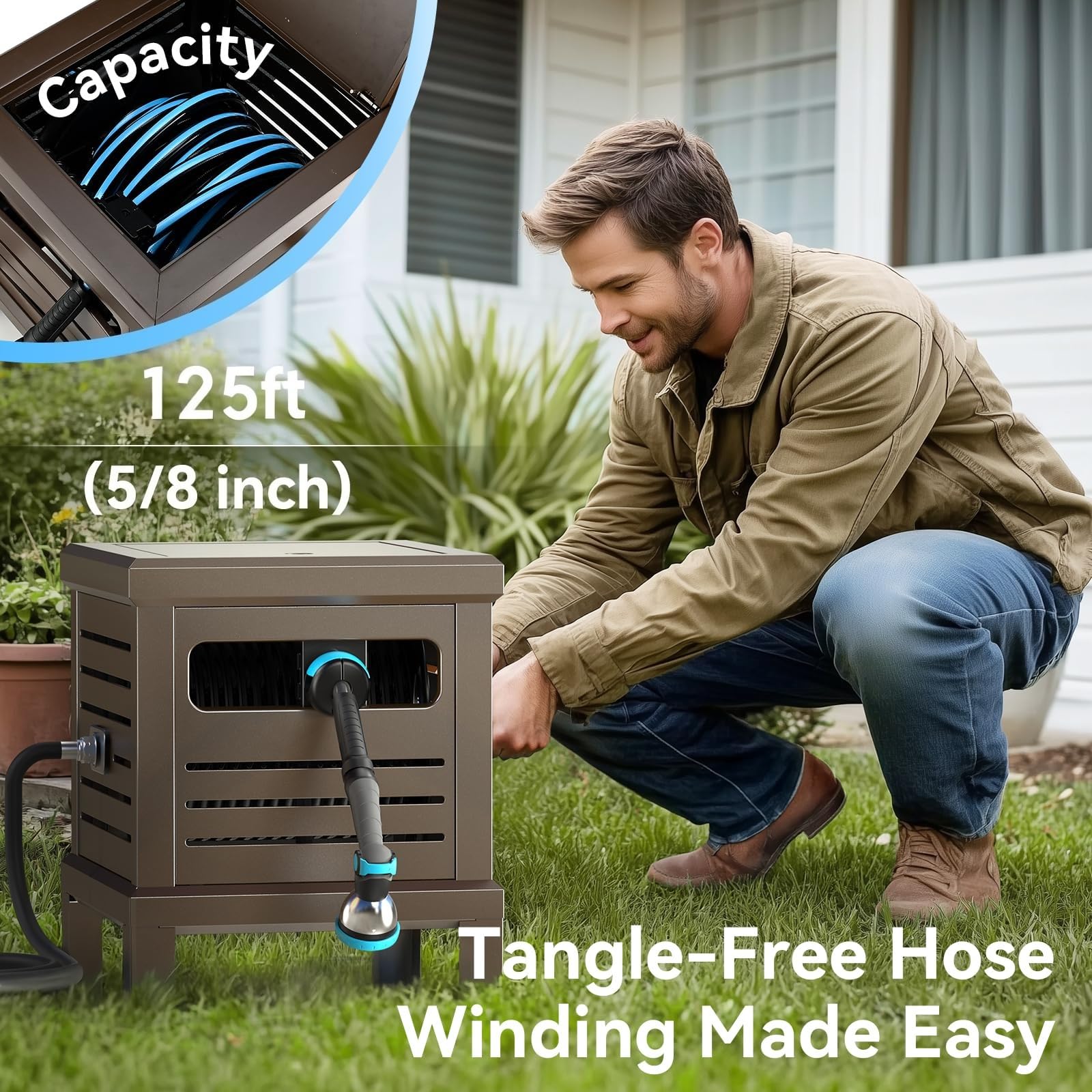 Relhost hose reel features a manual crank handle for easy winding.