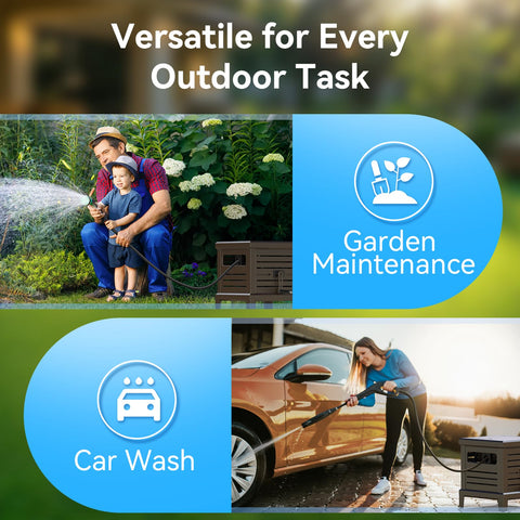 Relhost hose reel's brown finish blends with outdoor spaces.