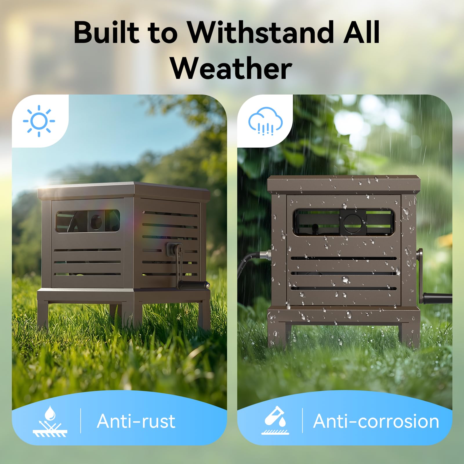Relhost hose reel design saves space on patios and sheds.