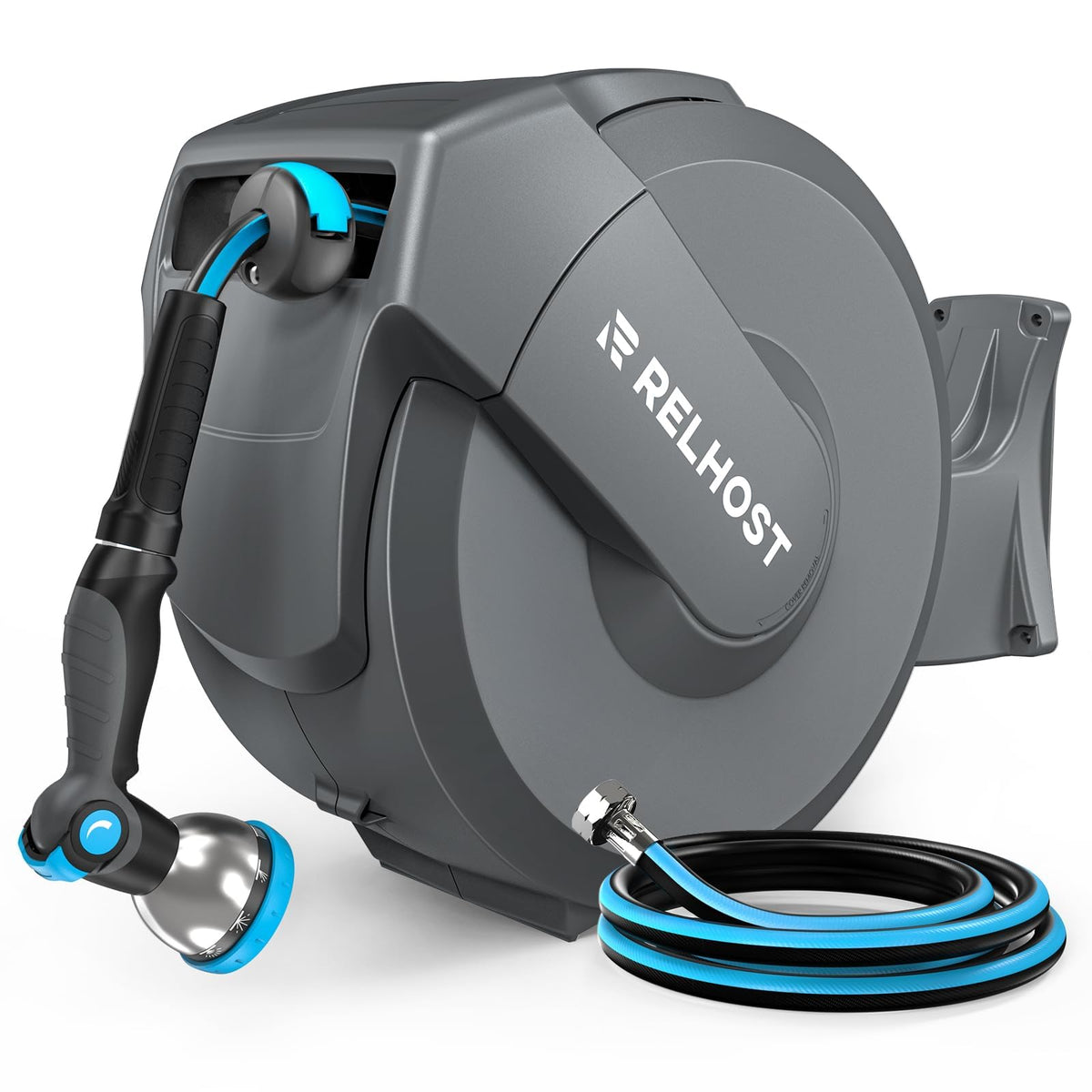 Relhost retractable hose reel on wall-mount for tidy garden watering.