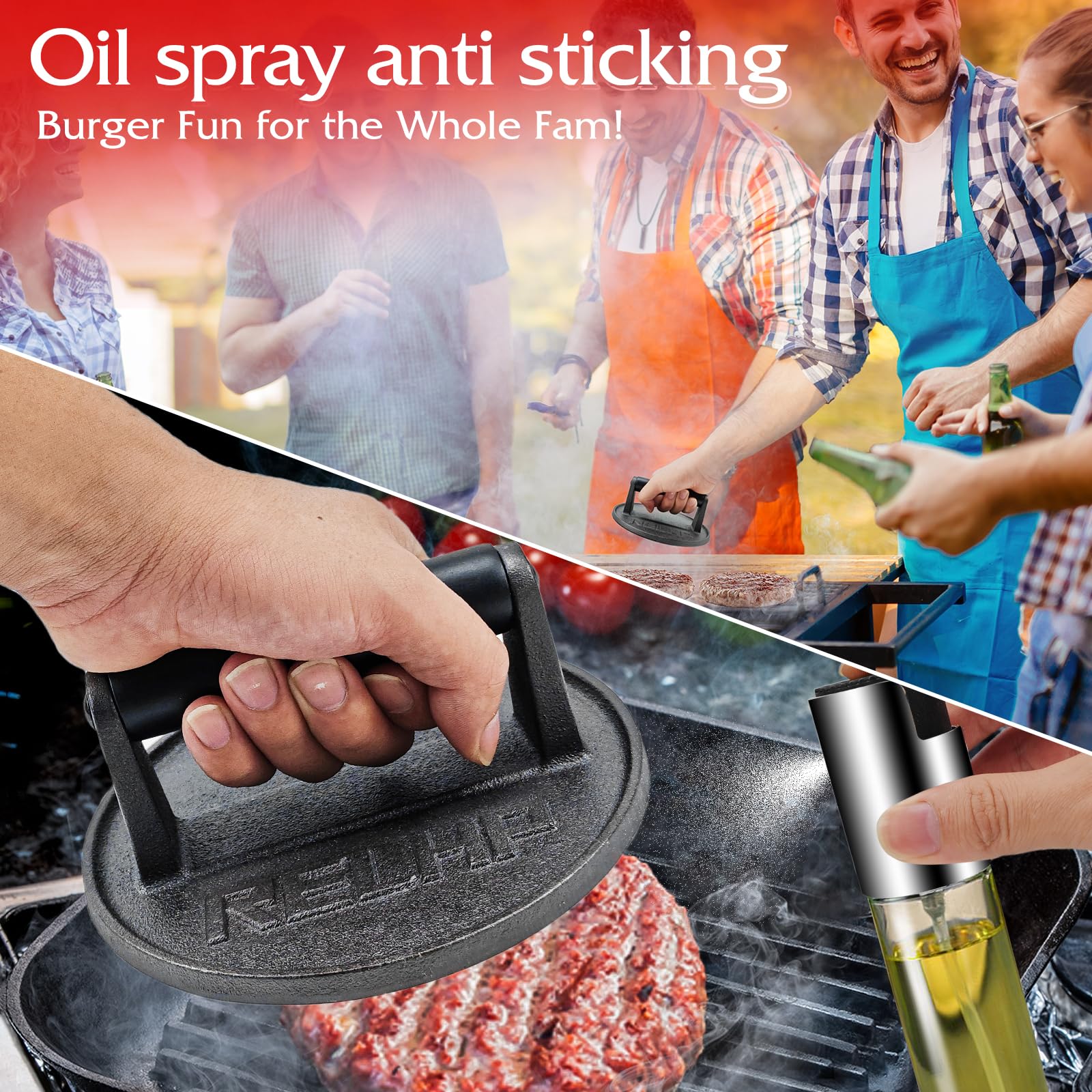 RELHP burger press on grill ready patties for quick, even cooking