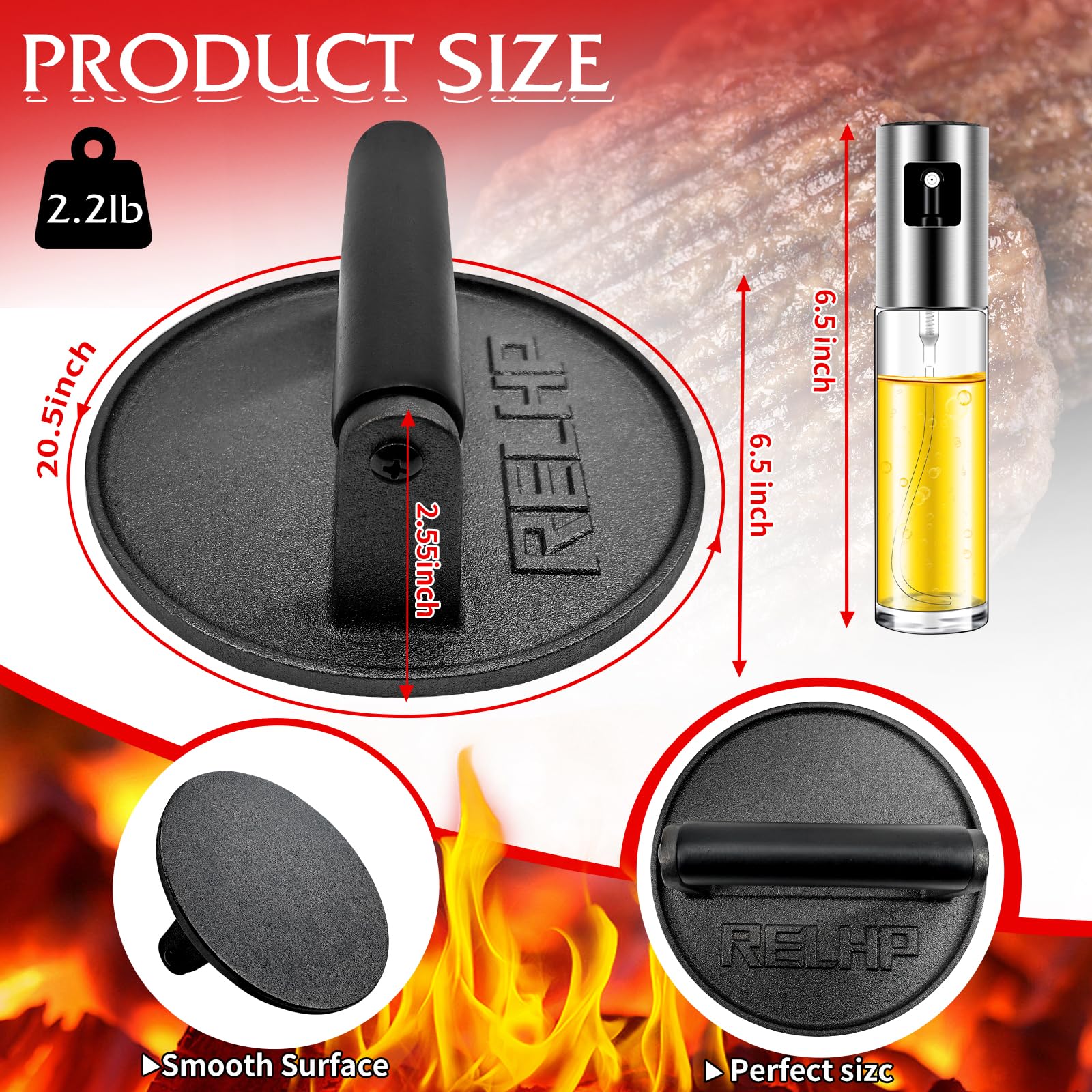 RELHP burger press wood handle closeup showcasing comfortable grip during grilling
