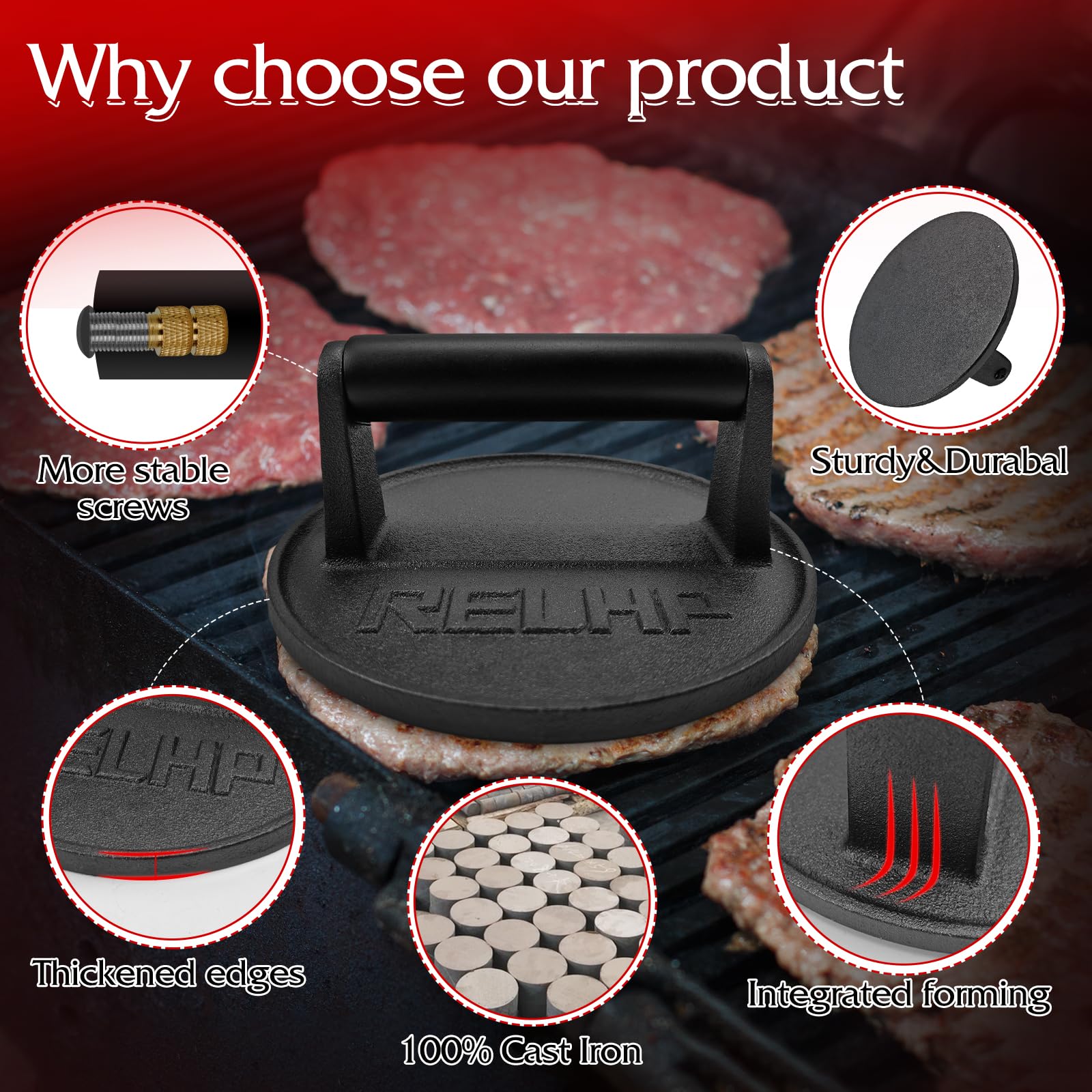 RELHP cast-iron press face detail highlighting stable pressure and durable surface