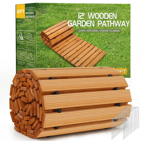 RELIANCER 12' wooden garden pathway rolled out for easy temporary garden walk.