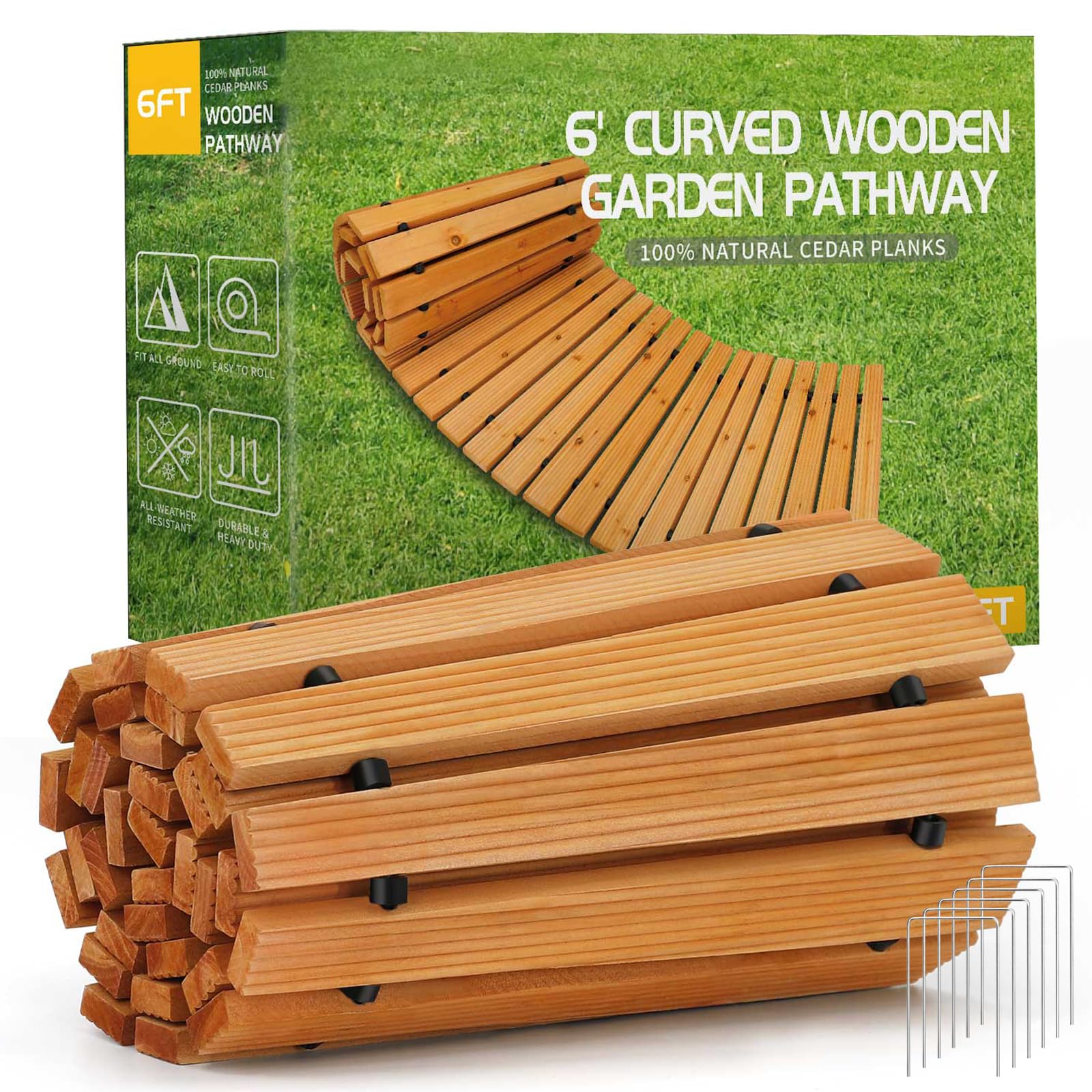 RELIANCER 6ft cedar garden pathway laid on lawn, weather-resistant for outdoor use
