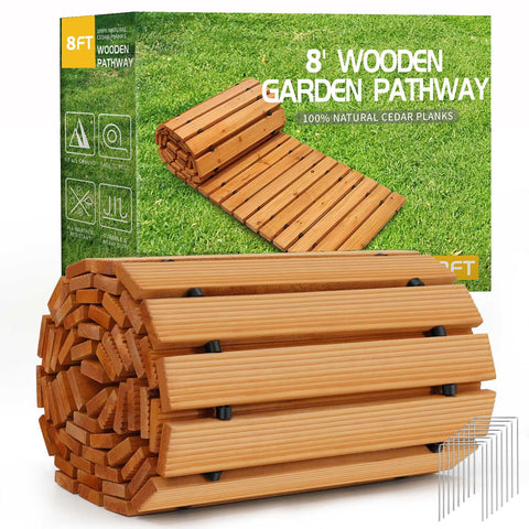 RELIANCER 8ft cedar path roll-out in a sunlit garden, quick rustic walkway.