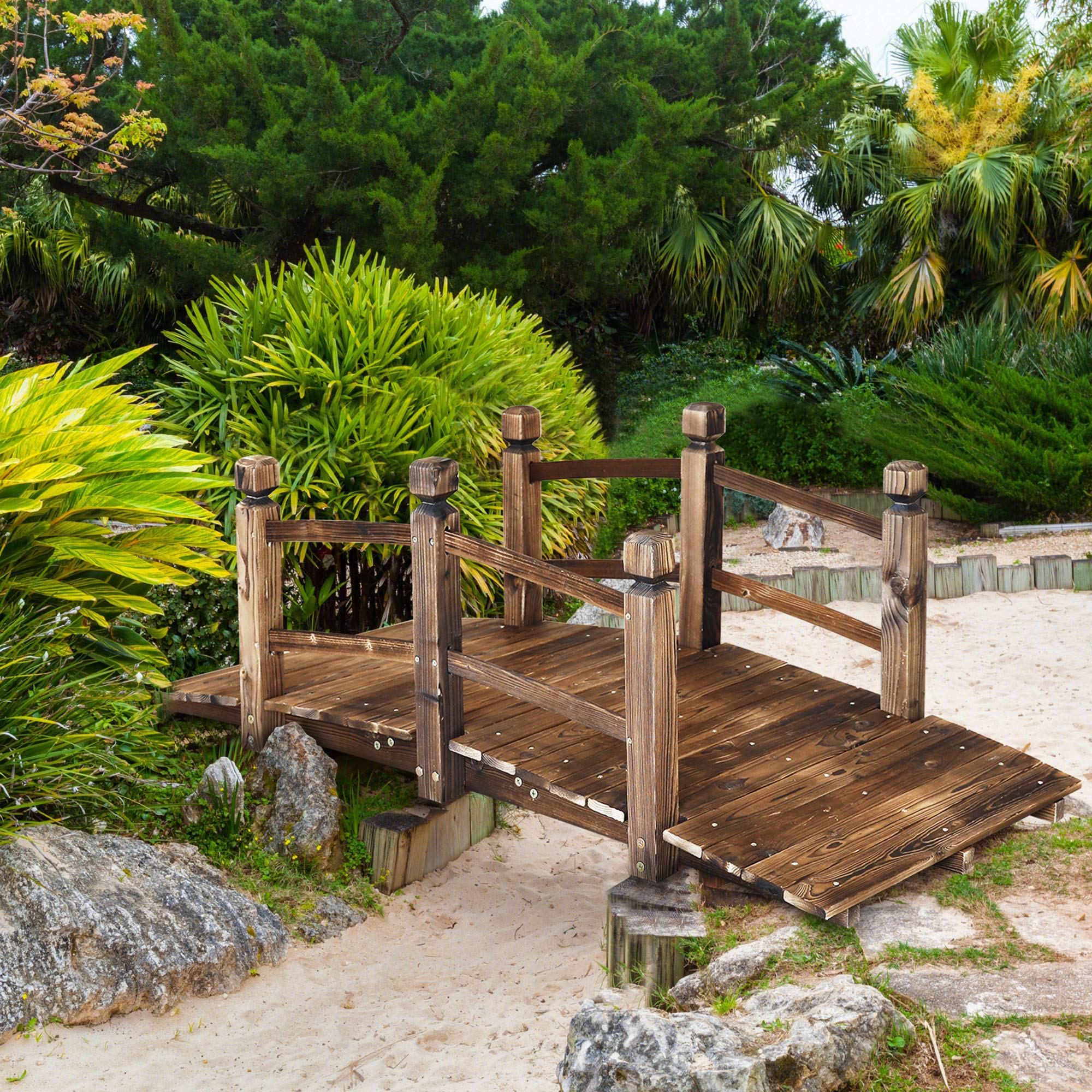 RELIANCER natural finish garden bridge blends with plants.