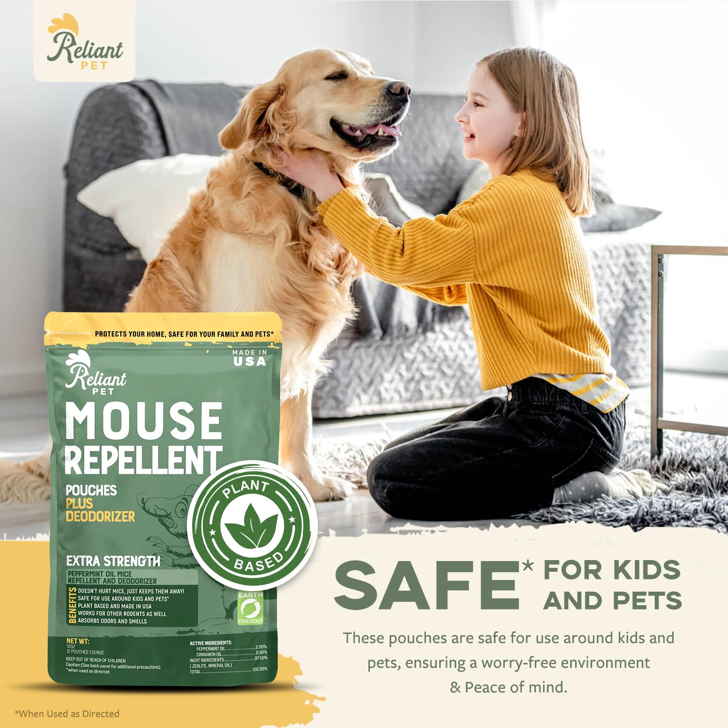 Reliant Pet mint-cinnamon scent closeup highlighting refreshing aroma and deodorizing effect.