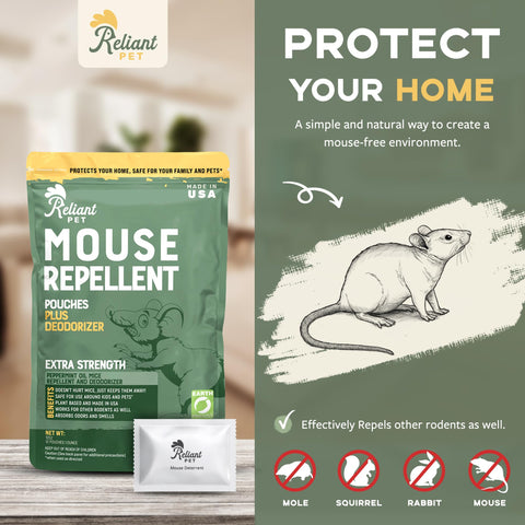 Reliant Pet mouse repellent pouches indoors outdoors show versatile placement for quick protection.