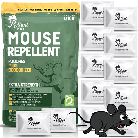 Reliant Pet mouse repellent pouches packaging showcases USA-made quality and reseal-friendly design.