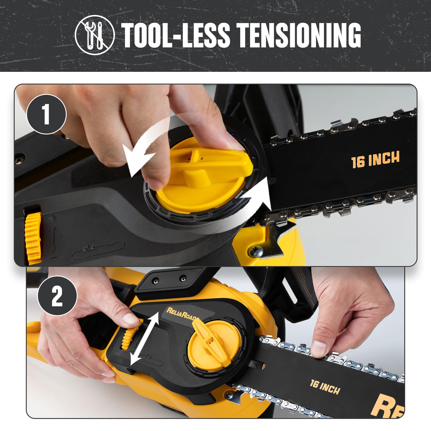 ReliaRoads packaging includes two 16-inch chains and guide bar cover