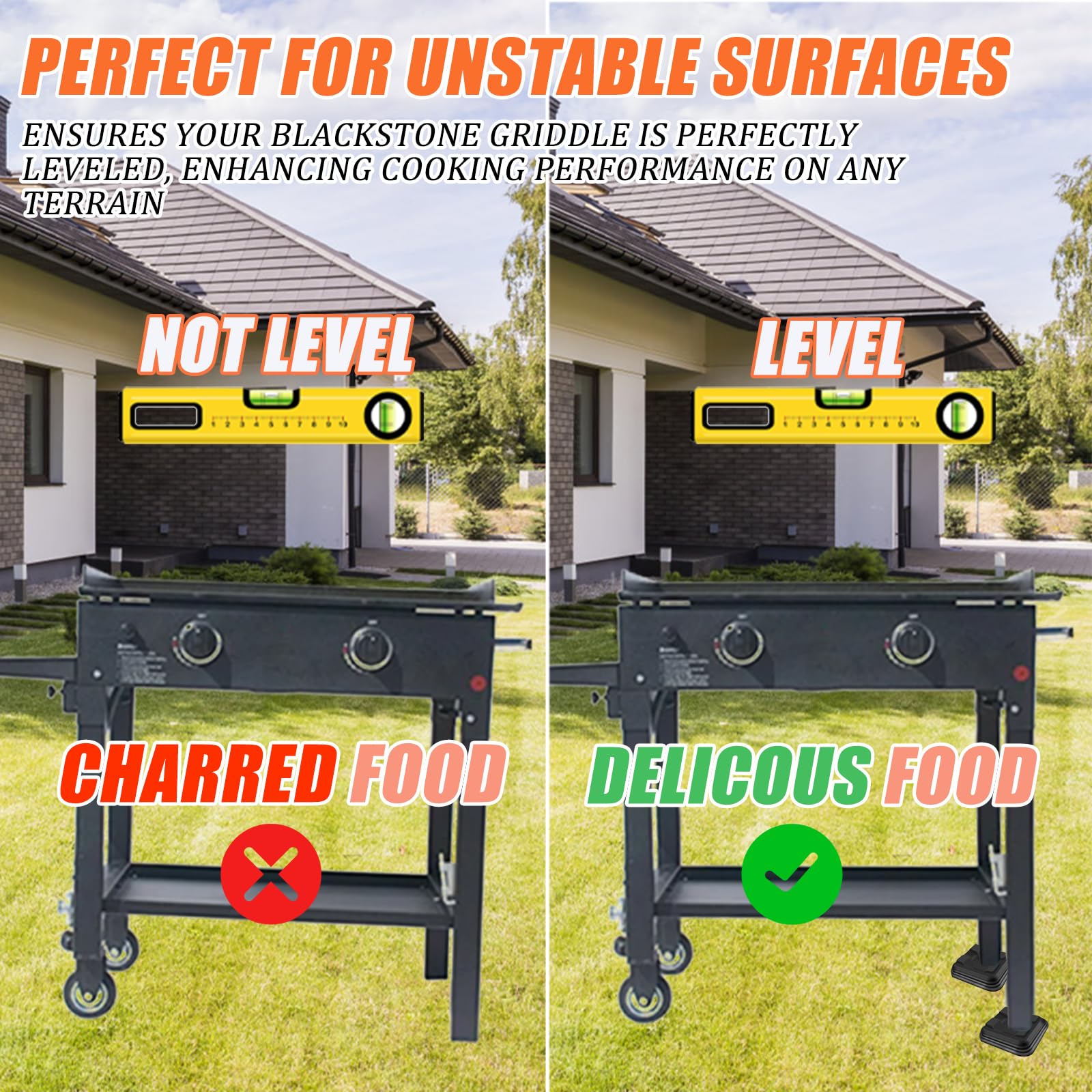 RELIY leveling shims on a Blackstone griddle demonstrate tool-free leveling.