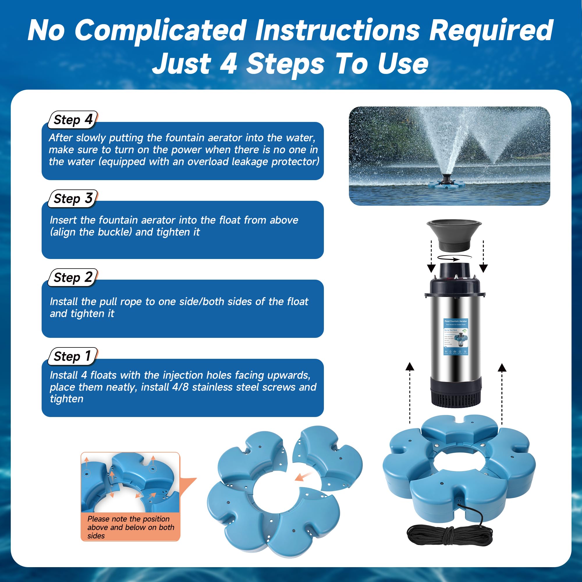 RELIY heavy-duty float keeps the fountain steady and visually balanced.