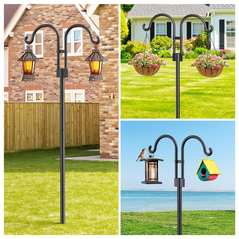 Relx bird feeder pole holds plant baskets for vertical gardening.