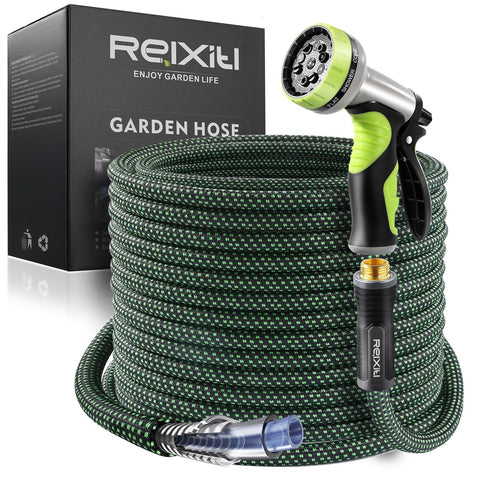 Relxitl garden hose 100ft coil, durable and easy-to-store for yard use.