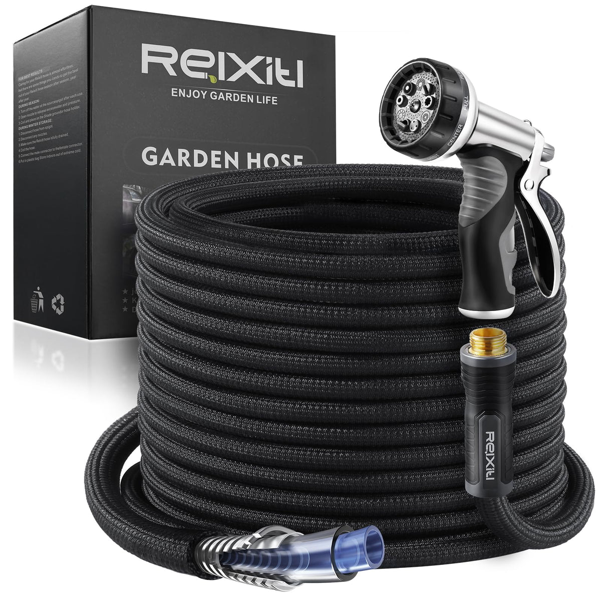 Relxitl Garden Hose 25ft coiled setup showing easy storage and handling