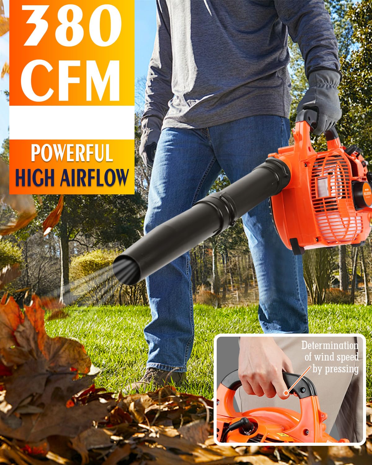 Relxxon gas leaf blower in action demonstrates 180 mph power for fast yard cleanup.