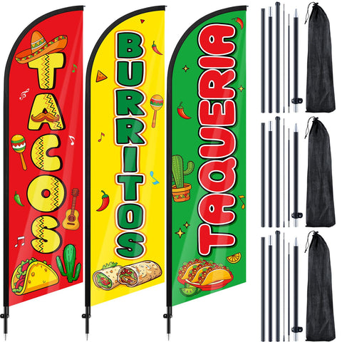 Remagr tacos burritos feather flag 7ft boosts curb appeal for outdoor advertising.
