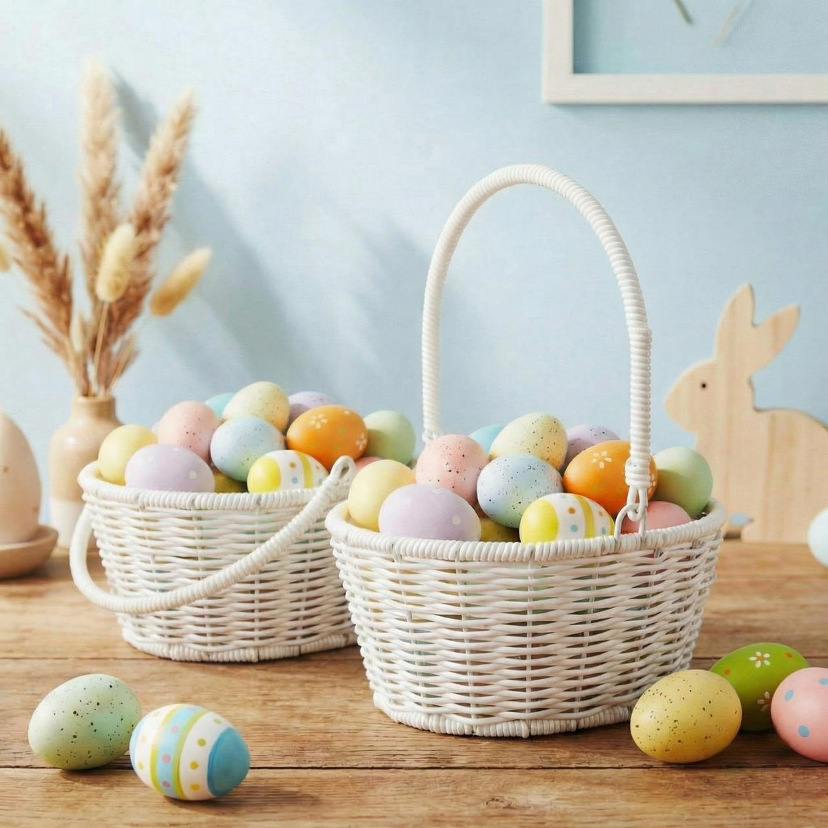 Remerry Easter basket with handle in white wicker for egg hunts and gifts