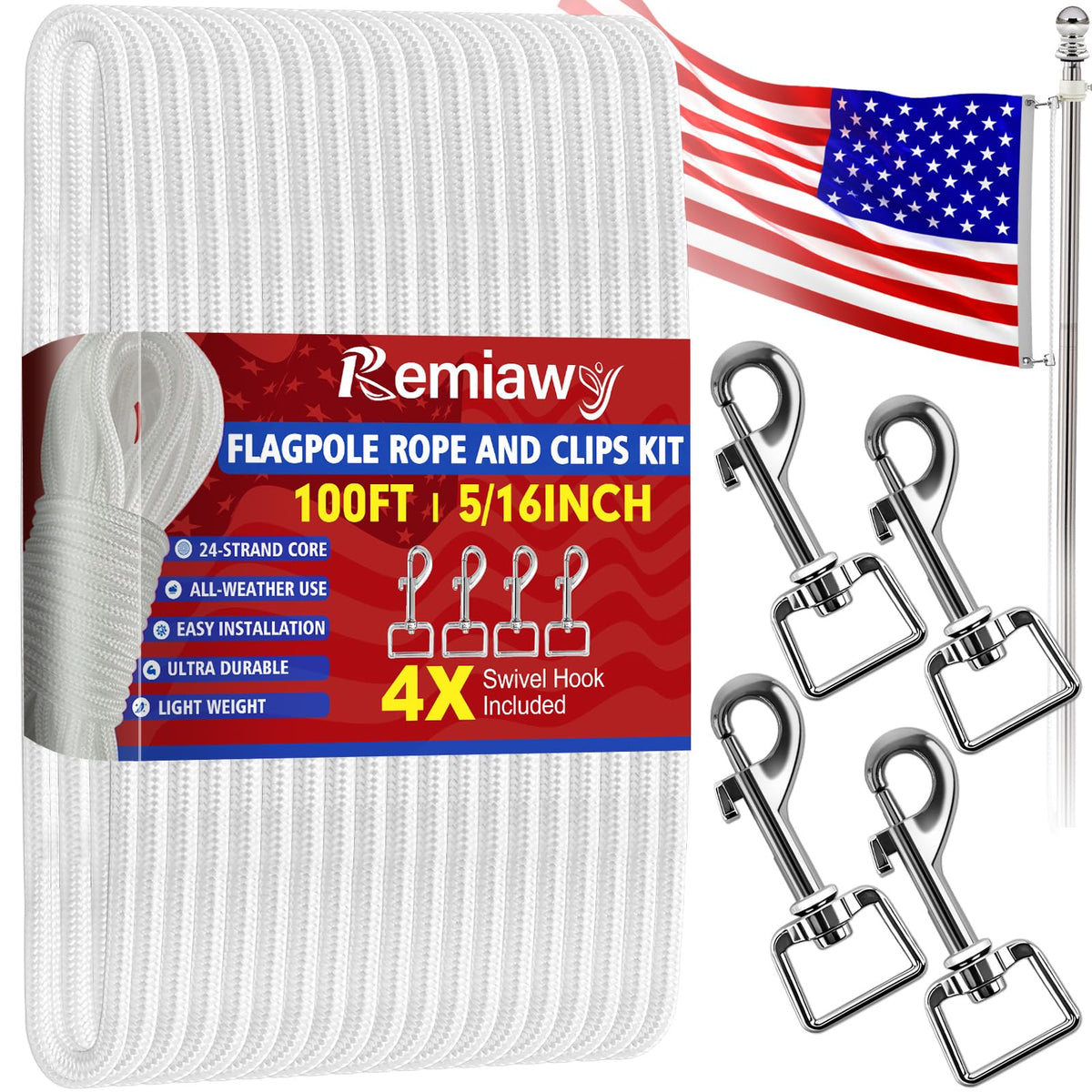 REMIAWY flag pole rope kit ready for outdoor display with 100 ft length.