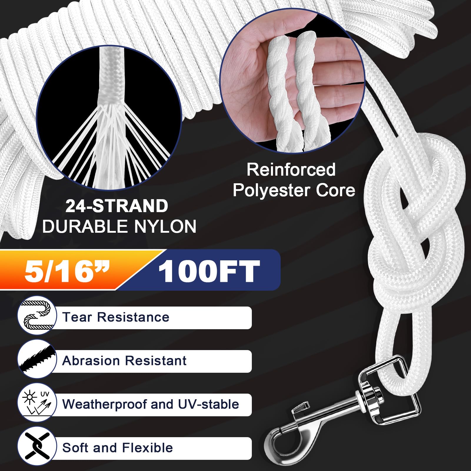 REMIAWY nylon halyard offers 5/16-inch diameter for strong, tear-resistant performance.