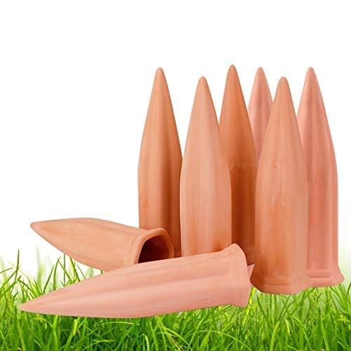 REMIAWY terracotta watering spike connected to a wine bottle for vacation watering