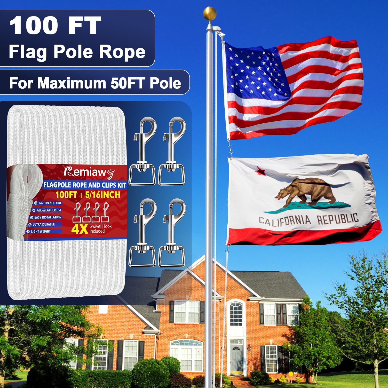 REMIAWY ready-to-use kit supports flags up to 50 ft poles.