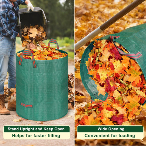 REMIAWY wide-mouth bags speed filling for leaves and garden debris.